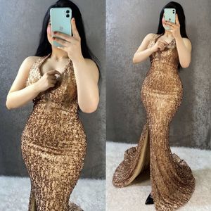 Sparkling Mermaid Evening Dresses With Halter Backless Plus Size Dark Gold Sequins Women Formal Prom Party Gowns Middle East Dubbai Arabic Style