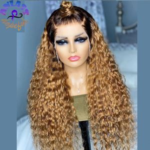 Long Ombre Blond Full Lace Front Wig För Kvinnor Kinky Curly Synthic Pars Simulering Mänsklig Hårvärmebeständig