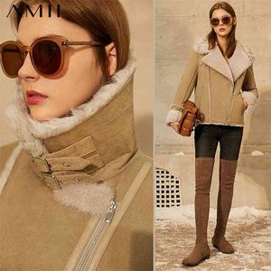 Minimalism Winter Double-faced Fur Women's Coat Fashion Lapel Thick Zipper Full Sleeve Short Female Jacket 12070611 210527