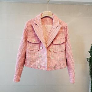 Women's Jackets Double Breasted Plaid Tweed Women Notched Long Sleeve Autumn Winter Outwear Elegant Vintage Wool Coats Designer B5881