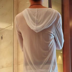 Mäns sovkläder sexig transparent se genom män sport casual pyjamas hem uppsättning gasbind hoodie top + byxor lounge loungewear kläder