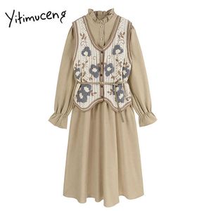 Yitimuceng Patchwork Vintage Button Dresses Women High Waist Stand Long Sleeve Fashion Clothing Office Lady Spring 210601