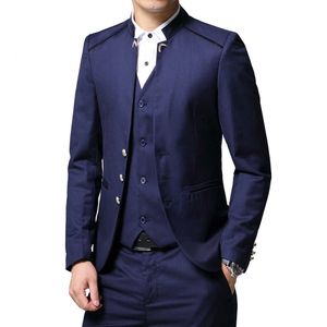 Men's Suit 3 Piece Set Slim Fit Jacket Pants Vest Wedding Banquet Male Stand Collar Solid Color Business Casual Blazer Coat X0909