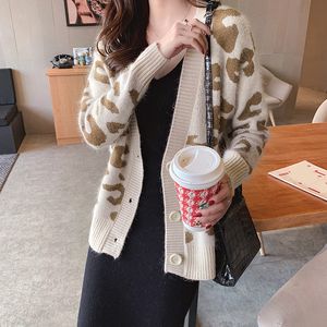 2022 Autumn Winter Knitted Leopard Sweaters Women Korean V Neck Thick Print Cardigan Coat Loose Button Outwear Tops