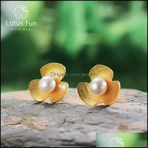 Studörhängen Smycken Lotus Fun Real 925 Sterling Sier Natural Pearl Fine 18K Gold Clover Blomma för Kvinnor Brincos Y1220 Drop Leverans 2021