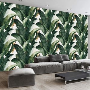 Carta da parati murale personalizzata Stile europeo Retro Dipinto a mano Pianta della foresta pluviale Foglia di banana Pittura murale Soggiorno TV Divano Affreschi