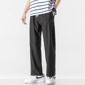 Privathinker Korean Summer Silk Feel Straight Long Pants Men Thin Light-Weight Wild Leg Trousers Solid Color Men's Clothing 211201