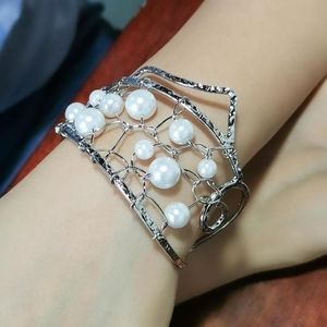 Bangle 2022 Imitation Pearl Cuff Bangles För Kvinnor Uttalande Alloy Geometrisk Grid Armband Bröllop Mode Smycken