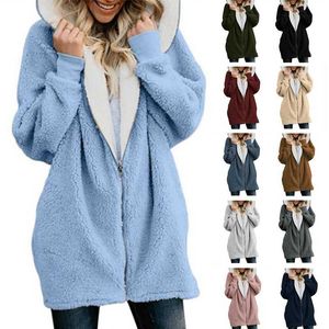Women Winter Plus Size Long Sleeve Hoodie Jacket Fuzzy Plush Full Zip Outerwear Loose Solid Color Warm Coat with Pockets X0721