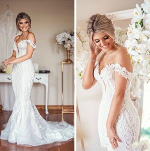 Anmutige Spitze Meerjungfrau Brautkleider Schulterfrei Applikationen Sexy Arabisch Afrika Dubai Hochzeitskleid Brautkleider Plus Size Vestidos de Novia