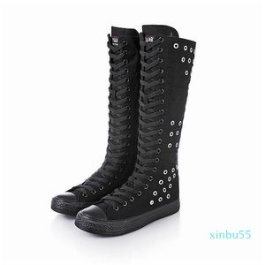 Boots Wide Calf For Women Plus Size 42 43 Woman Vulcanize Shoes Lace Up Heels 4cm Black White Fashion Sneakers Flats