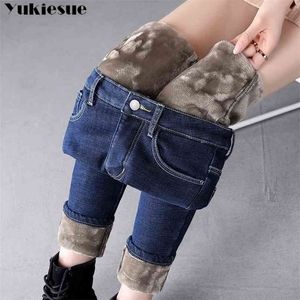 Tjock vinter varm mager jeans för kvinnor kvinnlig hög midja velvet denim byxor streetwear stretch byxor plus storlek 210809
