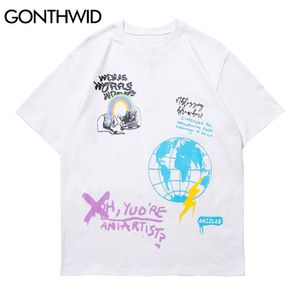 Gonthwid Harajuku Tshirts Streetwear творческий Граффити Земля с короткими рукавами футболки хип-хоп мода повседневная хлопчатобумажная свободная топы C0315
