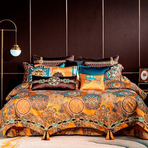 CHIC Home 4/6 / 10pcs Place Faux Silk Luxury Grande Jacquard com bordado Golden Seting Set Duvet Cover Cover Cama Set Set C0223