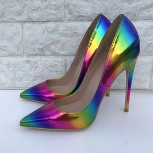 Dress Shoes Rainbow Patent Leather Red Bottoms High Heels Shoes Women Pumps Sexy 12cm Thin Heel Pointed Toe Shoes Boots Fashion Ladies Women Party Dress Shoes 10cm 8cm