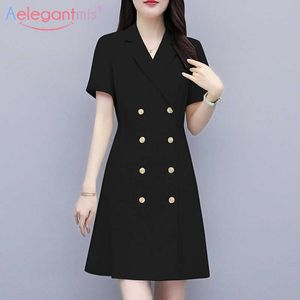 Aelegantmis Elegant Double Breasted Woman Blazer Dress Black Slim A-line es for Women Office Lady Work Short Vestidos 210607