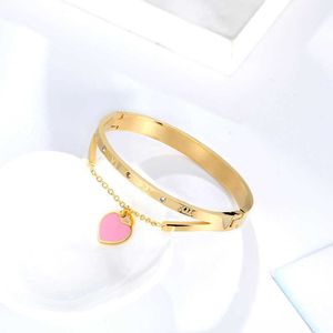 Oval Roman Numeral Bangle Hang Blue and Pink Heart Stainless Steel Woman Bracelet Luxury Brand Bangle Jewelry Q0719