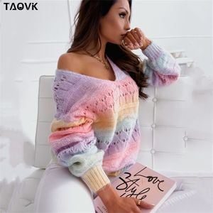 Taovk Rainbow stickad sweater kvinnlig söt v-hals cutout s pullover långärmad godis casual chic jumpers 210812