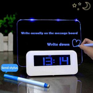 LED Digital väckarklocka Bakgrundsbelysning Snooze Mute Calendar Desktop Clock LED Despertador Fluorescerande med meddelandekort Tabellklockor 211112