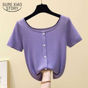 Summer Korean Casual Short Sleeve Cotton Tops Women Solid Color Round Collar Blouse Women Knit Shirts Ladies Clothing 9552 210527