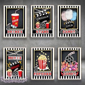 Schilderijen Movie Night Party Logo Poster Popcorn Cotton Candy koude dranken filmteken canvas schilderij decoratieve foto s voor bioscooptheater