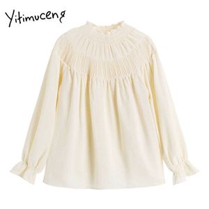 Yitimuceng Folds Bluzka Kobiety Koszule Luźne Wiosna Moda Koreański Pół High Collar Princess Rękawy Szyfonowe Słodkie Topy 210601