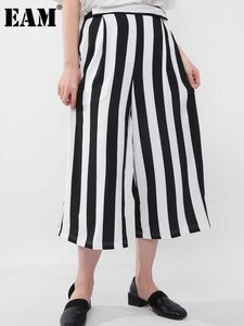 [Eam] cintura elástica alta preta listrada longa perna larga calças novas soltas calças mulheres moda moda maré primavera outono 2021 jh36301 q0801