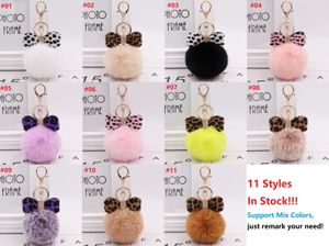 Leopard Bow Plush Keychain Charm Fluffy Faux Rabbit Fur Ball Key Chains Women Handbag Pendants Car Key Ring Keychains Crystal Bow Jewelry