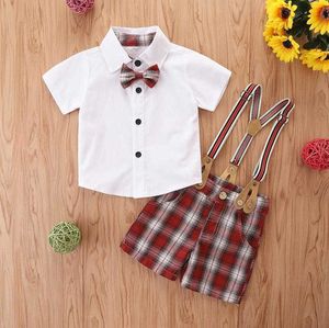 2 Pieces Kids Suit Set Boys Plaid Turn-down Collar Short Sleeve Shirt Suspender Trousers Summer Boys Party Formall Outfits G1023