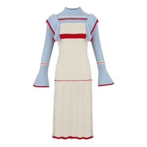 PERHAPS U Knitted Blue White Flare Sleeve Ruffle O Neck Midi Dress Autumn Elegant Long Sleeve D0815 210529
