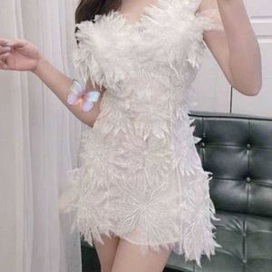 Arrival Runway Feather Design Lace Summer Beach Holiday Party Vintage Elegant Women's Sweet Sling Dress Vestido 210529