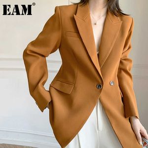 [EAM] Giacca da donna elegante arancione Blazer nuovo colletto dentellato manica lunga giacca ampia vestibilità moda marea primavera autunno 2021 1DD5281 X0721