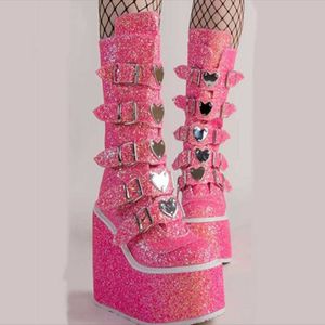Boots Women Dress Shoes Fancy Glitter Buckle Strap Platform Super High Heel Lady's Fashion Knee Winter