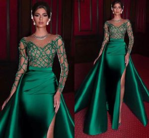 Vestidos de noite de sereia elegante 2022 Vestido formal verde mangas compridas Satin Sexy Slit Beads Party Vestidos de Noiva CG001
