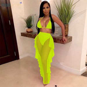 HAOYUAN Sexy Mesh Sheer Bikini a due pezzi Set Bandage Crop Top Ruffles Pantaloni aderenti per donna Costume da bagno Summer Club Set coordinato Y0625