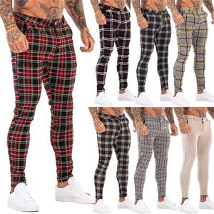 GINGTTO Men Chinos Trousers Skinny Super Stretch Chino Pants Slim Fit Mens Casual Pant Plaid Grey Elastic Waist London Fashion 211108