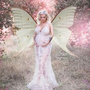 Vestidos casuales Sexy Blanco Maternidad de encaje Ver a través de una línea Spaghetti Mujeres embarazadas Robas de tul Baby Shower Party Bats 2022
