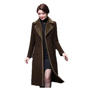 Женская шерстяная смесь 2021 зимняя мама длинная шерстяная куртка женщины плюс размер 5XL тонкий корейский темный кофе фиолетовый мода толщиной теплого пальто GH646