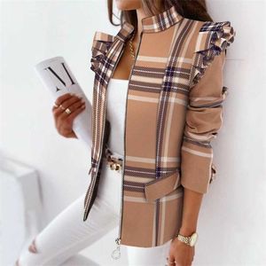 Casual Plaid Zip Blazer Jacke Frauen Frühling Herbst Langarm Stehen Neck Slim Mäntel Elegante Leopard Rüschen Büro Anzug Mantel 211122