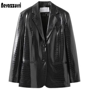 Nerazzurri Spring black reflective print leather blazer jacket for women long sleeve Soft faux 211110