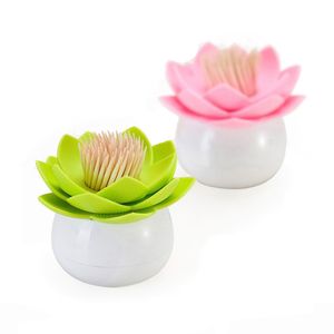 Chic lotus blomma tandpetare hållare kreativ blommig formad bomull knopp dispenser box hem dekor grön rosa svart vit