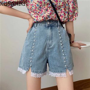 Koreanische Perlen Frauen Demin Kurze Spitze Rüschen Patchwork Süße elegante Bottoms Sommer Jenas Feminimos 6G290 210603