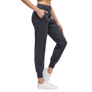 Calça de corrida de cintura alta L-136 calça de moletom feminina para exercícios afunilados calças para yoga lounge academia leggins com bolso