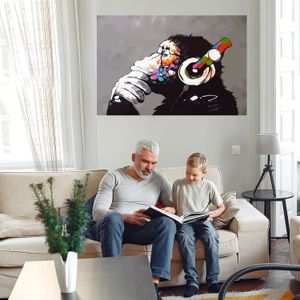 Monkey med hörlurar Oljemålning på duk Heminredning Handmålat / HD-Print Wall Art Bildanpassning är acceptabel 21060912