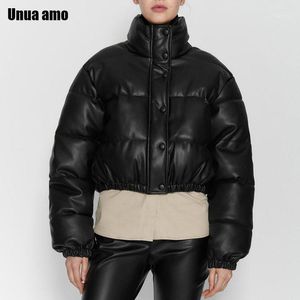 Women Down Down Parkas Unua AMO Jaqueta de grandes dimensões Inverno Couro Faux Parka 2021 Elegante Pu Black Pu Short quente Bubble Casat