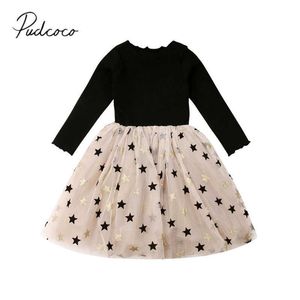 2019 Bambino Primavera Autunno Abbigliamento Bambini Neonate Pizzo Stelle Principessa Tulle Abiti da spettacolo per feste Abito a maniche lunghe Taglia 2-7Y Q0716