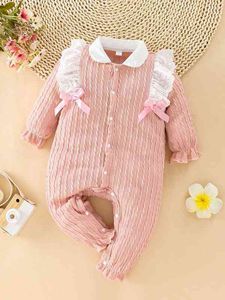 Baby Contrast Collar Eyelet Embroidery Ruffle Bow Front Jumpsuit SHE