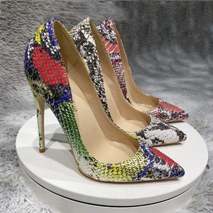 Casual Designer Sexy Lady Mode Kvinnor Skor Multicolor Snake Python Leather Printed Pointy Toe Stiletto Stripper High Heels Zapatos Mujer Prom Evening Pumps 12cm