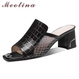 Meotina Summer Slides Scarpe da donna Natural Genuine Leather Thick High Heel Shoes Pelle di pecora Mesh Peep Toe Pantofole Lady Sandali 43 210608