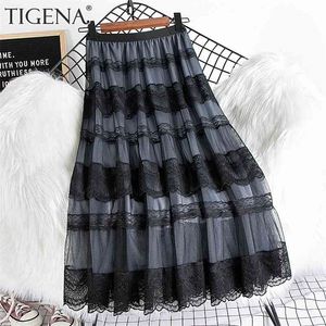 Tigena moda laço tulle longa saia mulheres primavera verão elegante uma linha alta cintura meia-comprimento malha feminino senhoras 210621